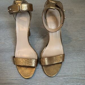 J. Crew Bronze Open Toe Heels with Ankle Strap and Block Heel